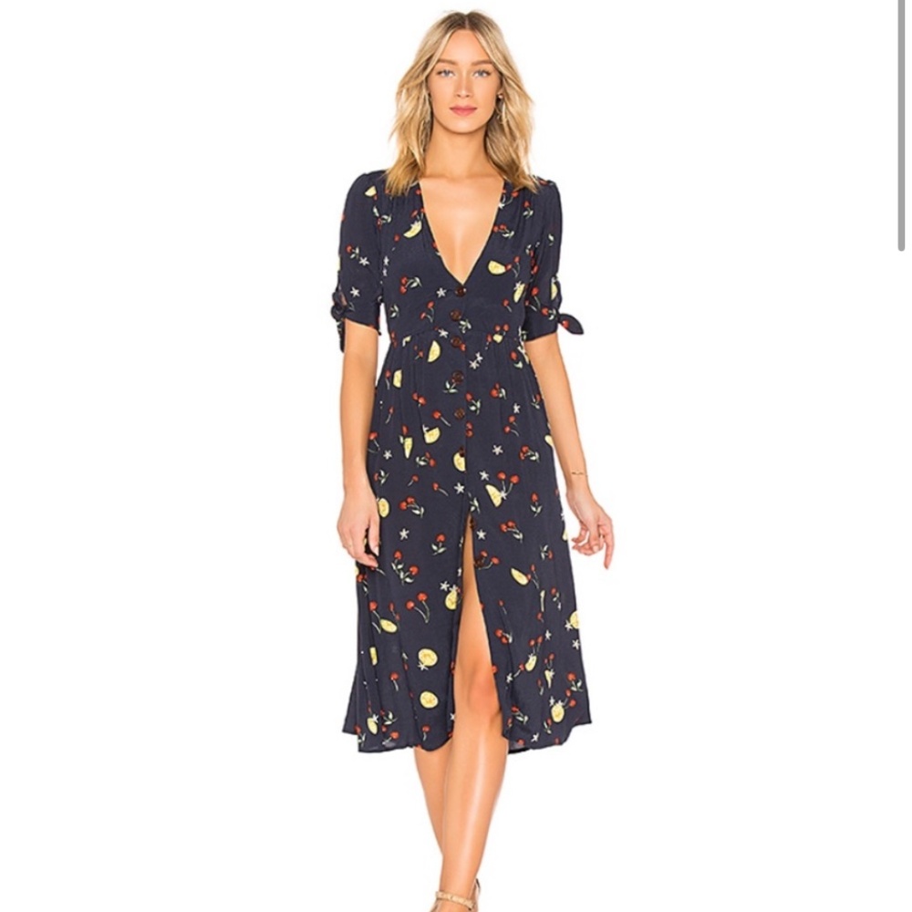 CAPULET ANTHROPOLOGIE NWT Adele Midi Fruit Dress S Navy Blue Print Reformation